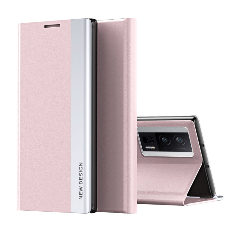 Pink magnetic leather wallet phone case with open front and kickstand