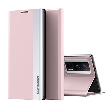 Pink magnetic leather wallet phone case with open front and kickstand