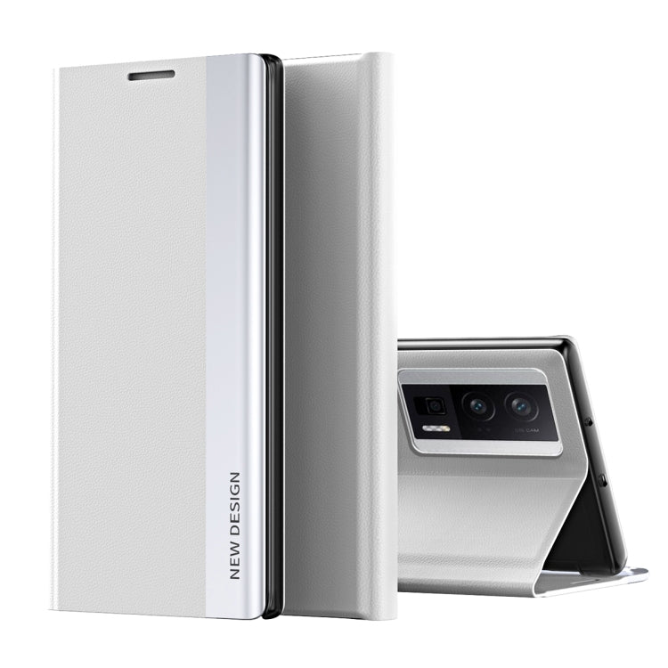 Light gray magnetic leather wallet phone case with open front and kickstand
