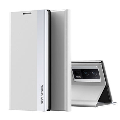 Light gray magnetic leather wallet phone case with open front and kickstand