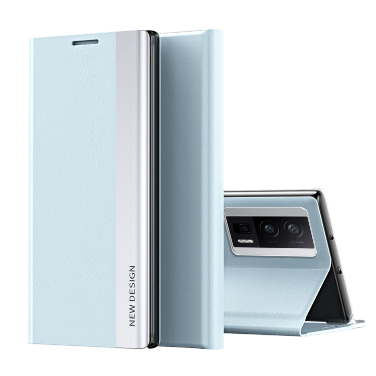 Light blue magnetic leather wallet phone case with open front and kickstand