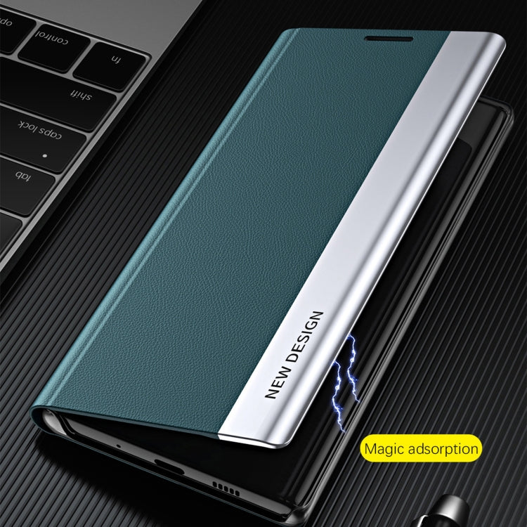 Magnetic leather folio phone case, teal with silver edge and camera cutout