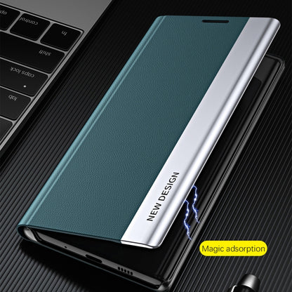 Magnetic leather folio phone case, teal with silver edge and camera cutout