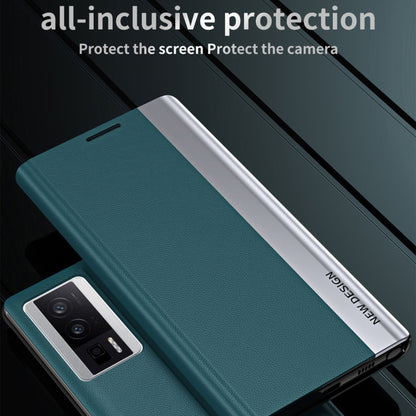 Magnetic leather folio phone case, teal front cover with camera opening and raised edge