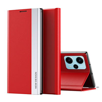 Red magnetic leather phone case with open front and camera cutout