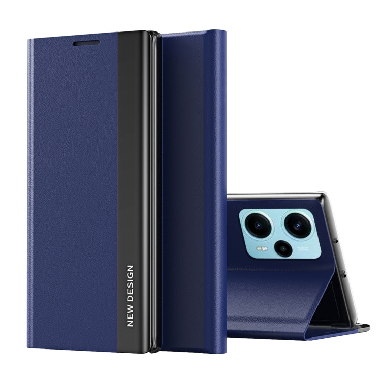 Magnetic leather phone case, blue with black accents, dual-fold protection for Xiaomi Poco F5
