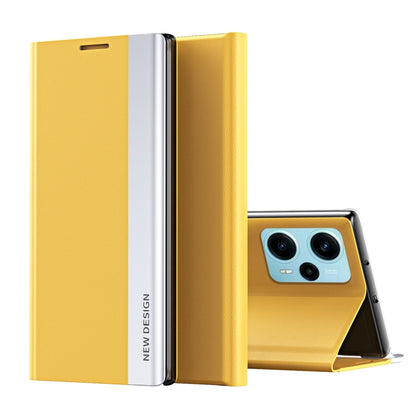 Magnetic leather phone case, yellow and white with gold accents, dual-fold for Xiaomi Poco F5
