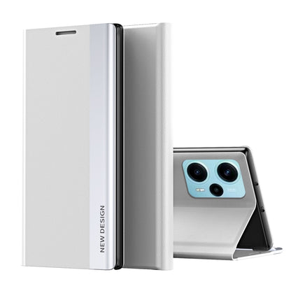 Magnetic leather phone case, white with gray side panel and silver spine, for Xiaomi Poco F5