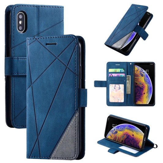 Blue leather flip phone case with geometric stitching, card slots, and stand holder