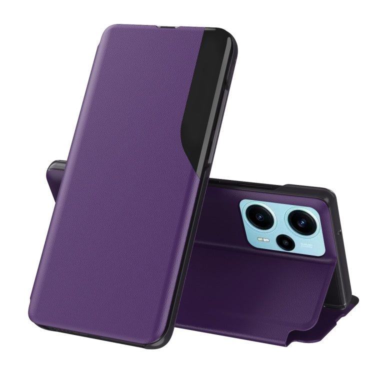 Purple flip holder leather phone case with front cover folded back on a stand