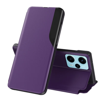 Purple flip holder leather phone case with front cover folded back on a stand
