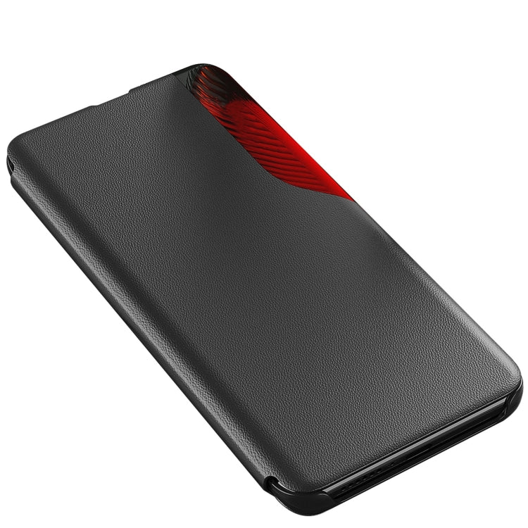 Black leather flip phone case with red inner accent on the folded cover