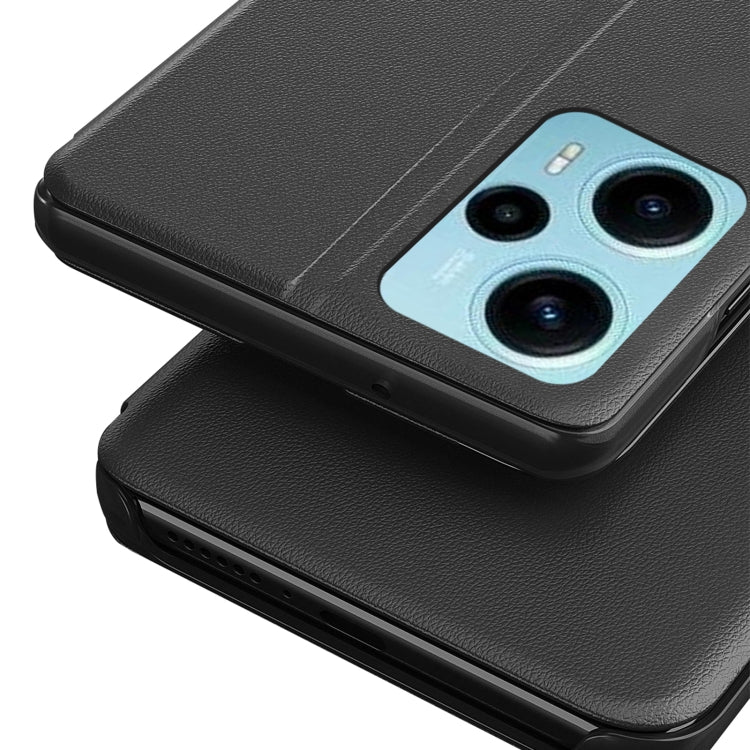 Black flip leather phone case with camera cutout and front cover secured