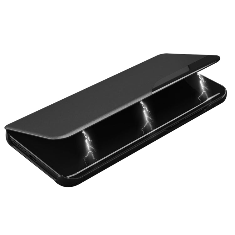 Black flip leather phone case with front cover closed and screen shield panel