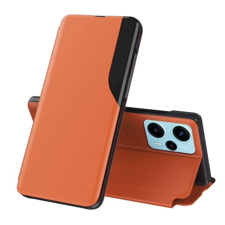 Orange flip holder leather phone case with front cover folded back on stand