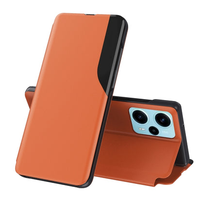 Orange flip holder leather phone case with front cover folded back on stand