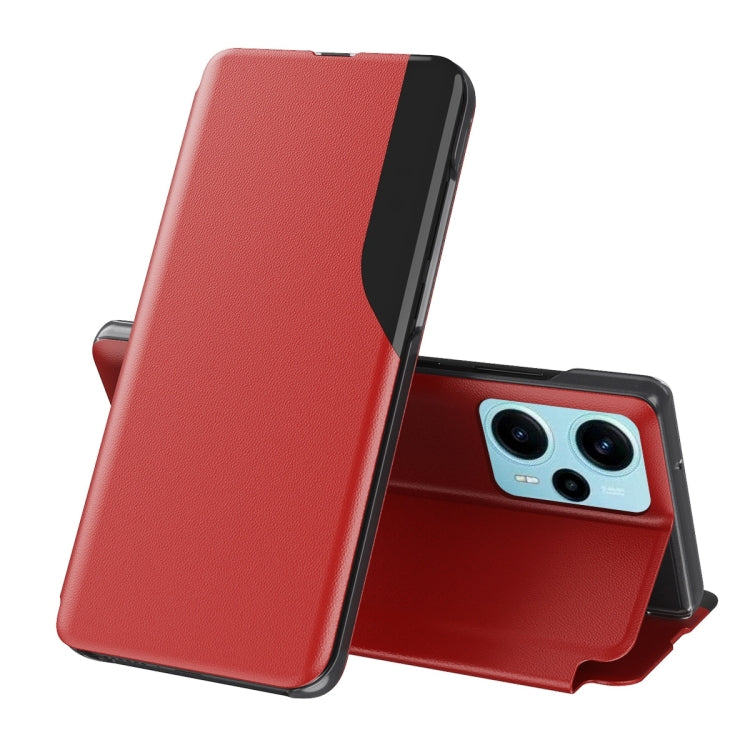 Red flip holder leather phone case with cover folded back on stand