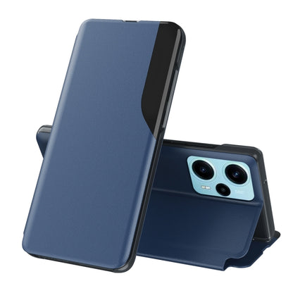 Blue leather flip phone case with holder stand and dual-camera cutout