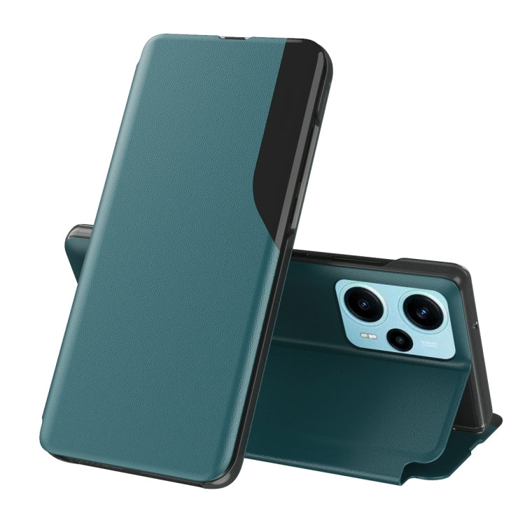 Teal leather flip phone case with holder stand and dual-camera cutout