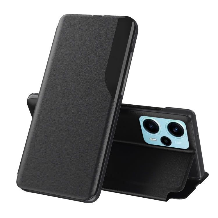 Black leather flip phone case with holder stand and dual-camera cutout