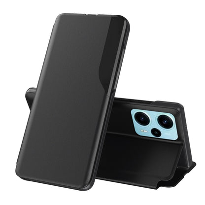 Black leather flip phone case with holder stand and dual-camera cutout