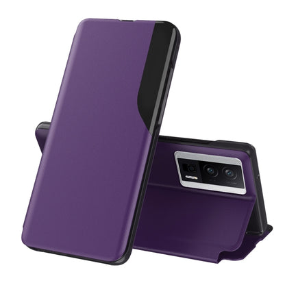 Purple flip holder leather phone case with stand, cover folded open
