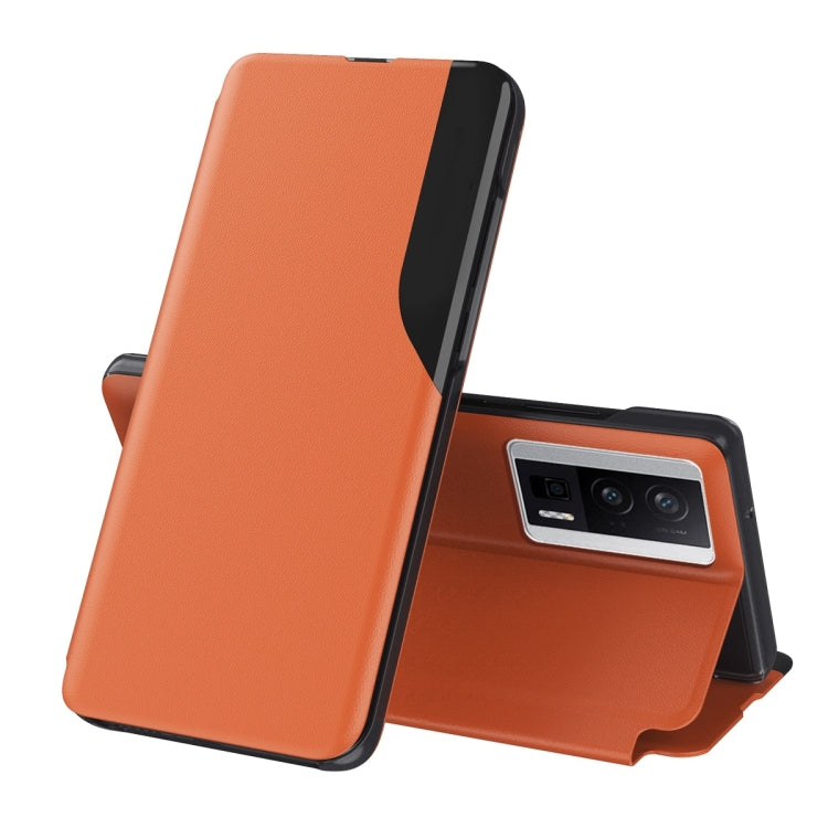 Orange flip holder leather phone case with camera opening and stand support