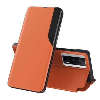 Orange flip holder leather phone case with camera opening and stand support