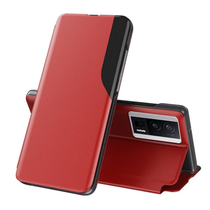 Red leather flip phone case with holder stand and camera cutout