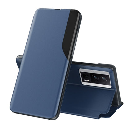 Dark blue leather flip phone case with holder stand and rear camera opening