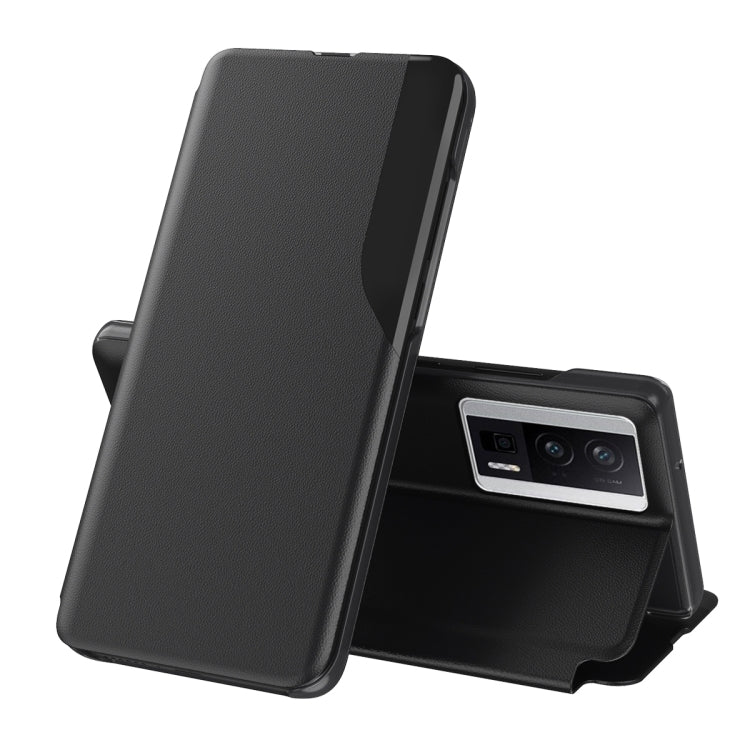 Black leather flip phone case with holder stand and rear camera opening