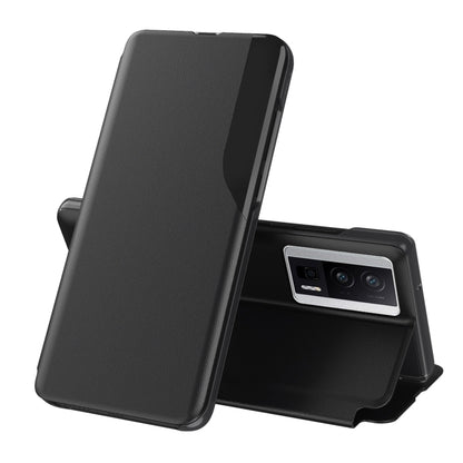Black leather flip phone case with holder stand and rear camera opening