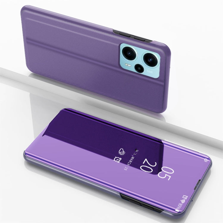 Purple flip phone case with mirror kickstand, leather-style, open stand and camera cutouts.