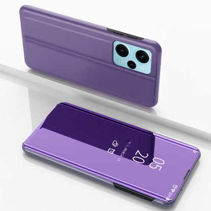 Purple flip phone case with mirror kickstand, leather-style, open stand and camera cutouts.