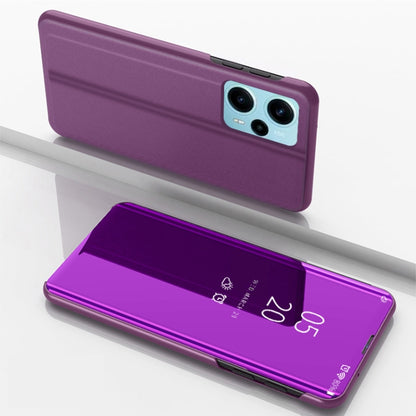 Purple flip phone case with mirror kickstand, leather-style, textured back with camera cutouts.