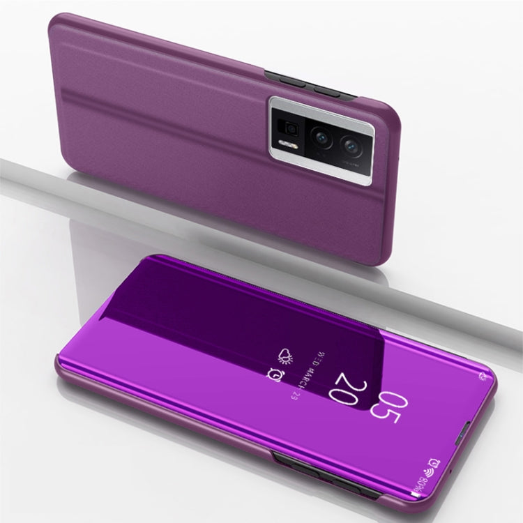 Plated mirror flip kickstand leather phone case, purple with camera cutout