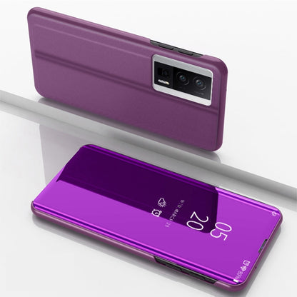 Plated mirror flip kickstand leather phone case, purple with camera cutout