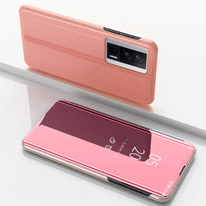 Plated mirror flip kickstand leather phone case, peach back with pink mirror front