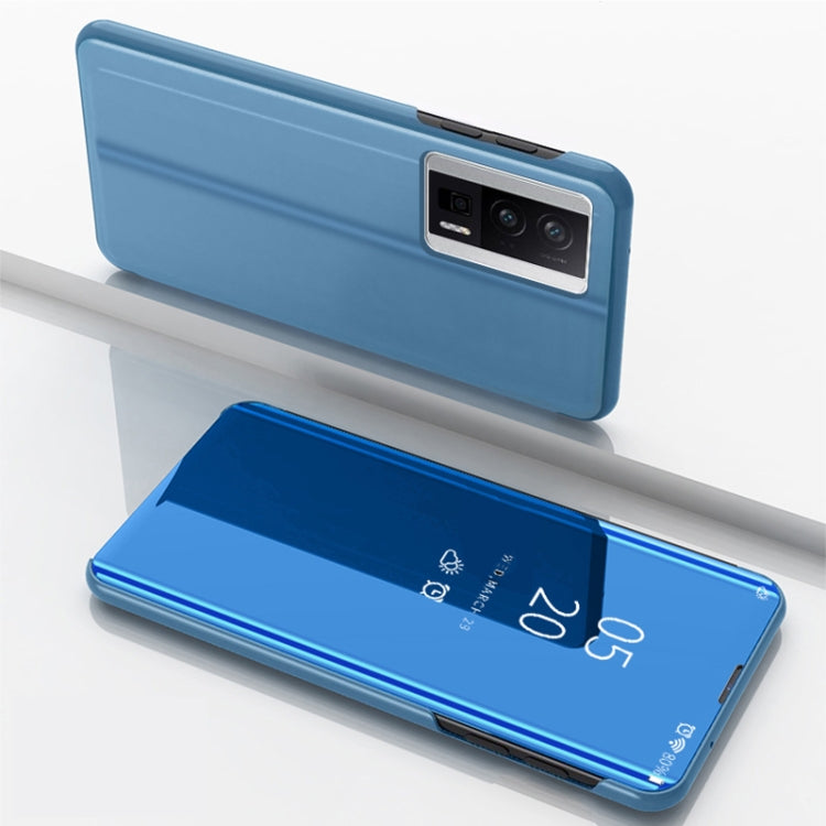Plated mirror flip kickstand leather phone case, blue back with camera cutout