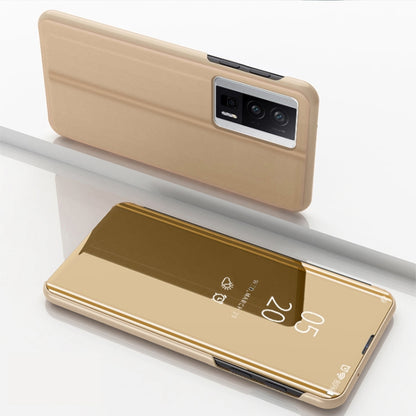 Plated mirror flip kickstand leather phone case, tan back with gold mirror front