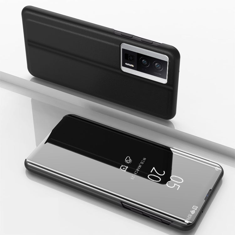Plated mirror flip kickstand leather phone case, black back with camera cutout