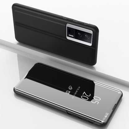 Plated mirror flip kickstand leather phone case, black back with camera cutout