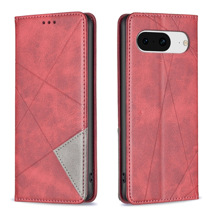 Red leather phone case with geometric rhombus texture and camera/port cutouts