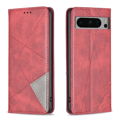 Red leather phone case with geometric rhombus texture, front and back view