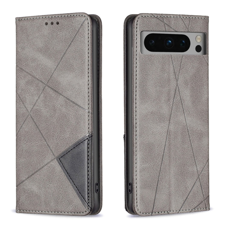 Grey leather phone case with geometric rhombus texture, front and back view