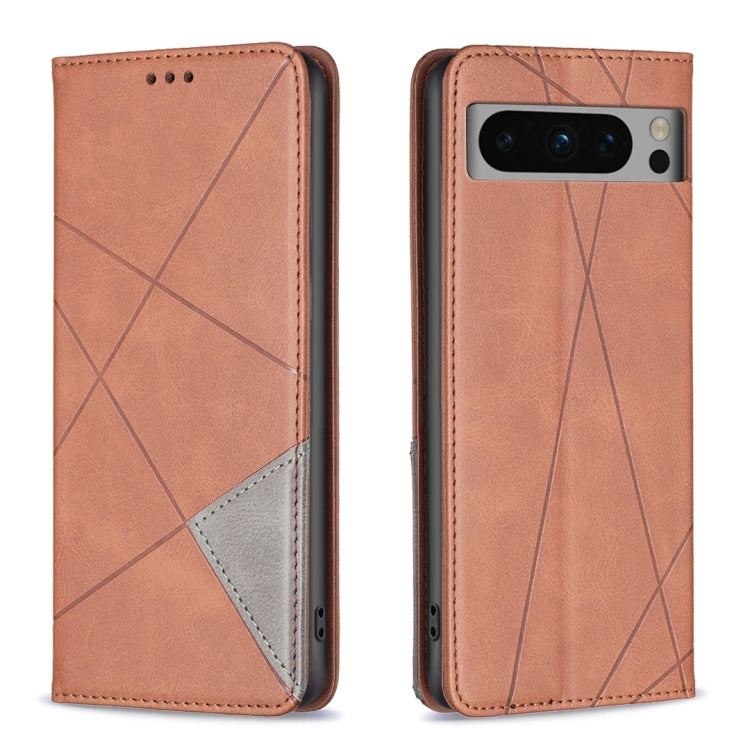 Brown leather phone case with geometric rhombus texture, front and back view