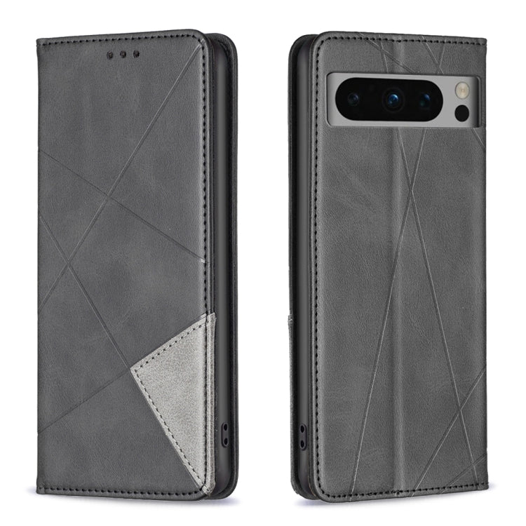 Dark grey leather phone case with geometric rhombus texture, front and back view