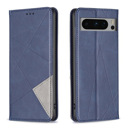 Blue leather phone case with geometric rhombus texture, front and back view