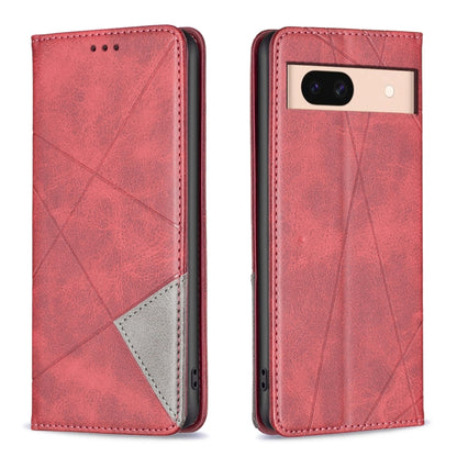 Red rhombus-texture magnetic leather phone wallet case with magnetic flap and cutouts