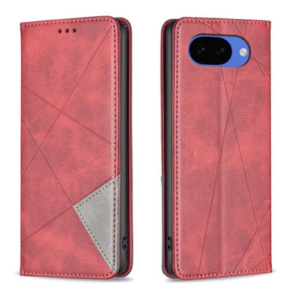 Pink/red leather phone case with rhombus texture, magnetic closure, rear camera cutout